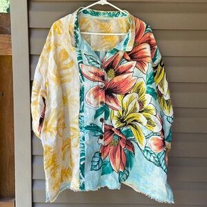 John Mark Artsy Boho Hawaiian Wire Collar Raw Hem Pull Sleeve Linen Tuni…